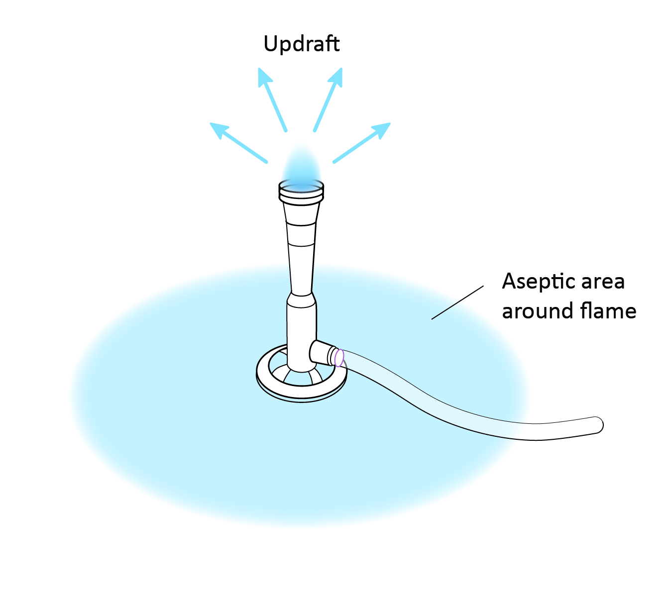 An illustration of a vertical tube with a blue flame on top with arrows pointing away labeled updraft. A blue circle around the base of the tube is labeled aseptic area around flame.